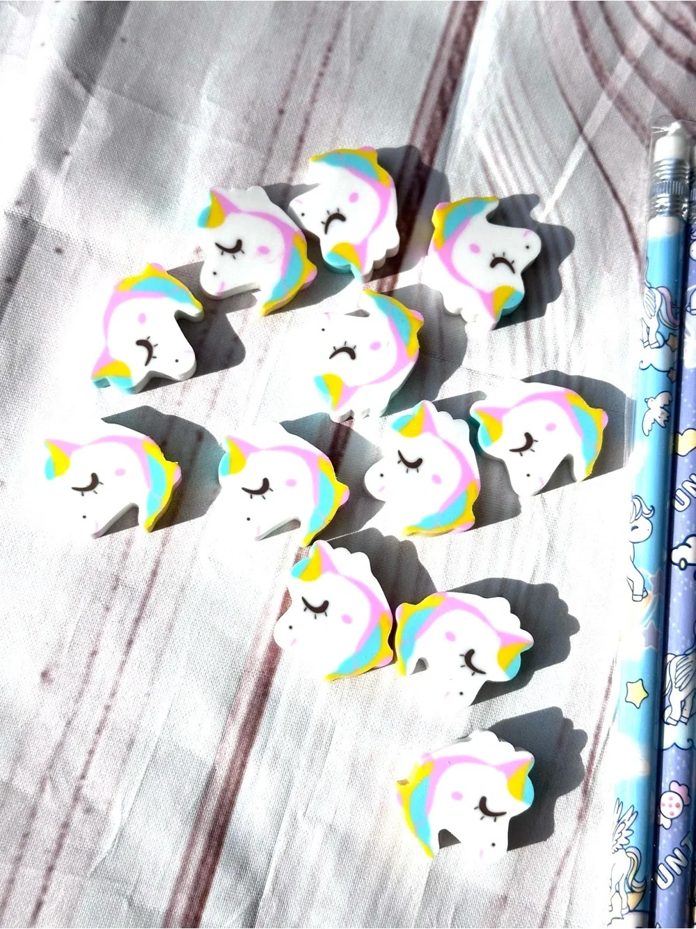 12 Rainbow Unicorn Pencil Set with Pastel Designs and Eraser Toppers